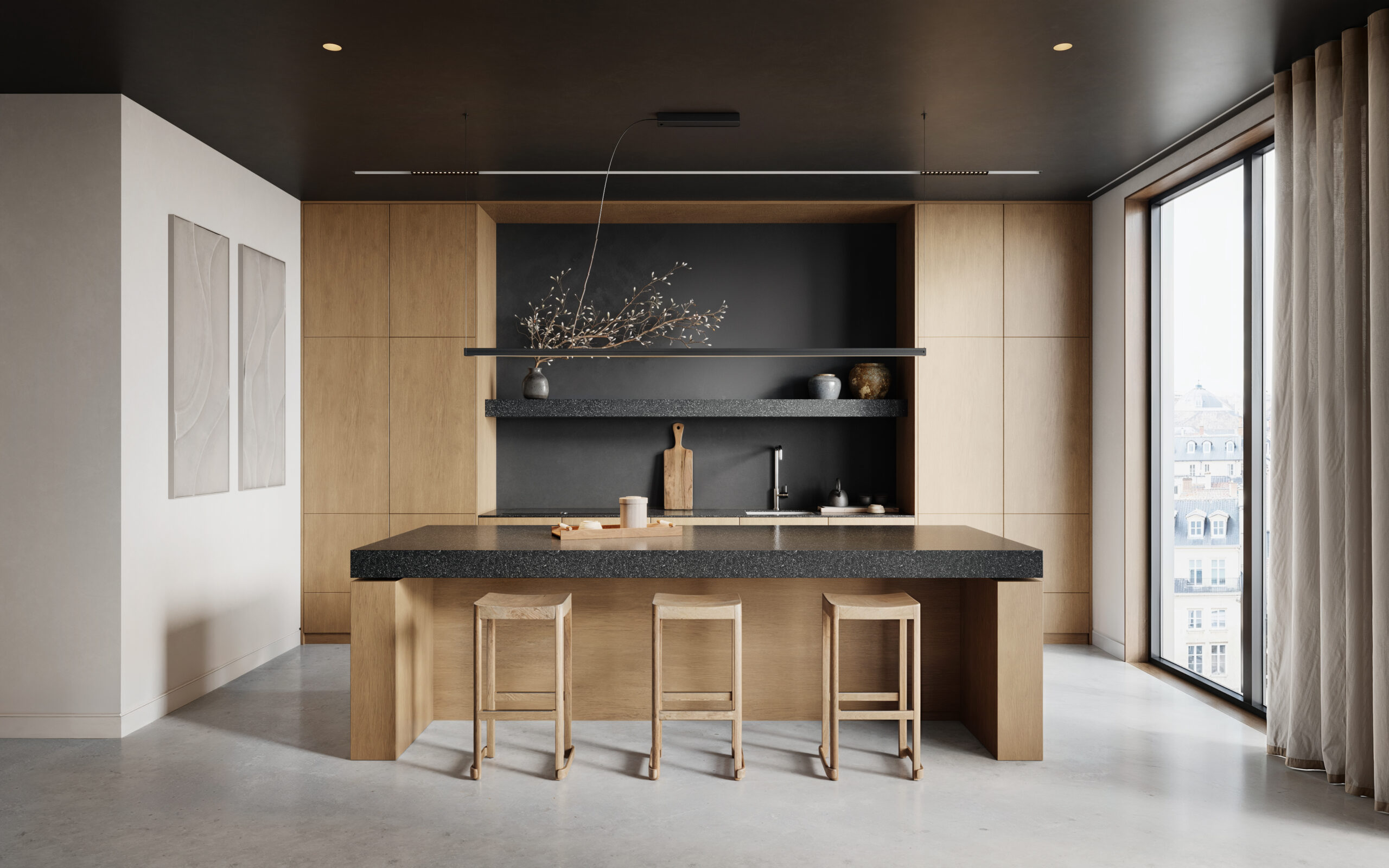 Interieur met warme materialen en zacht licht